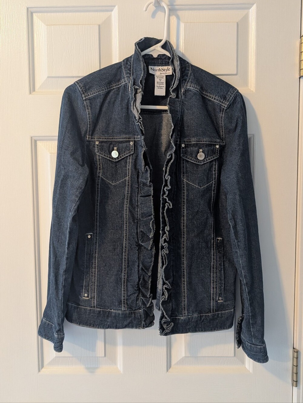 NorthStyle Women's Dark Wash Denim Jacket with Ruffle Front